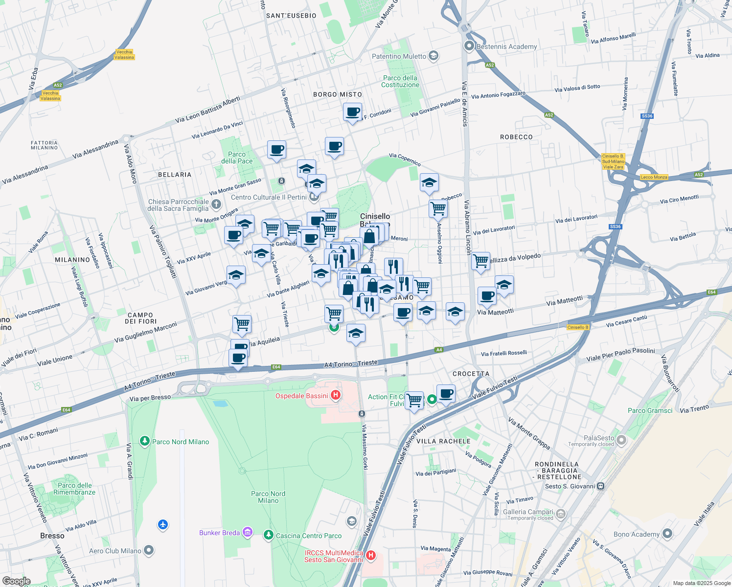 map of restaurants, bars, coffee shops, grocery stores, and more near 127 Viale Rinascita in Cinisello Balsamo