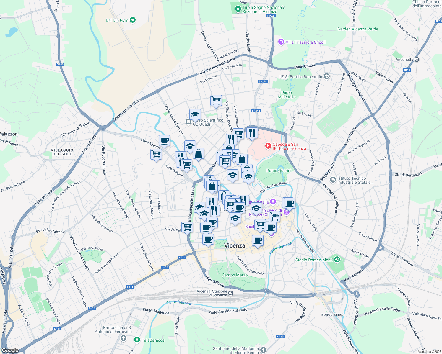 map of restaurants, bars, coffee shops, grocery stores, and more near 4 Via Antonio Pacinotti in Vicenza