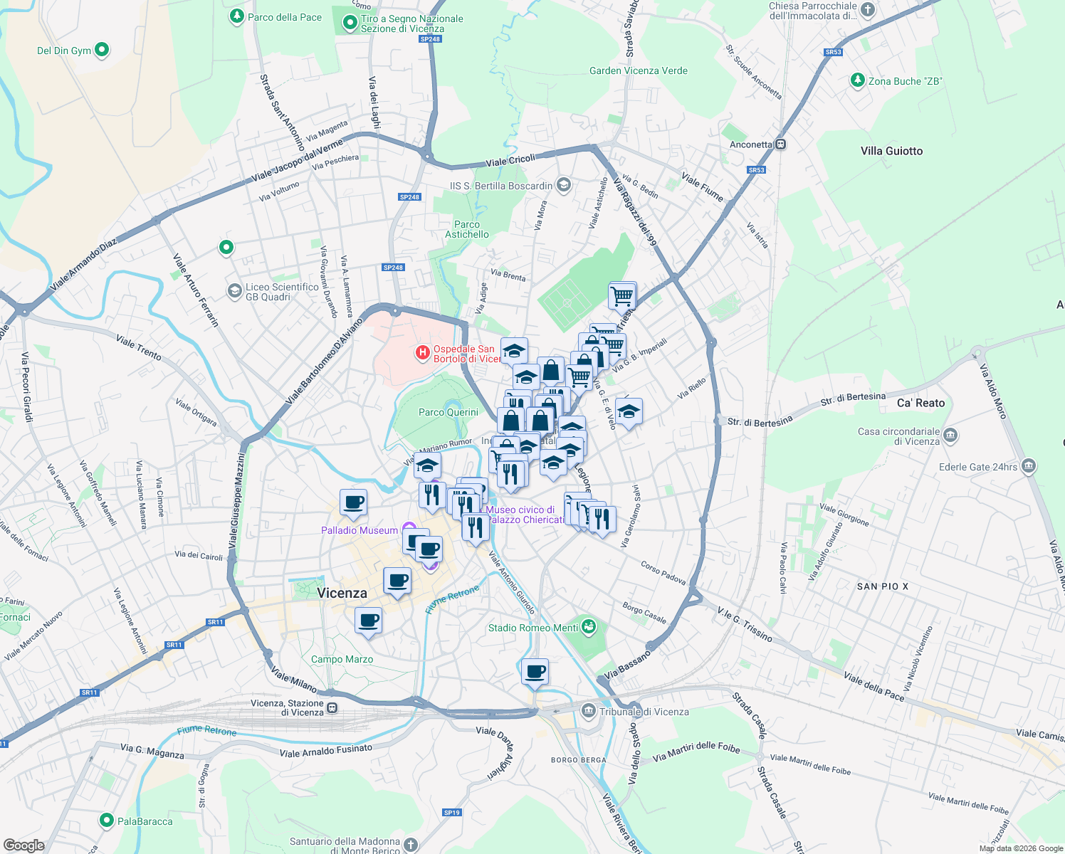 map of restaurants, bars, coffee shops, grocery stores, and more near 18 Contrà Mure Santa Lucia in Vicenza