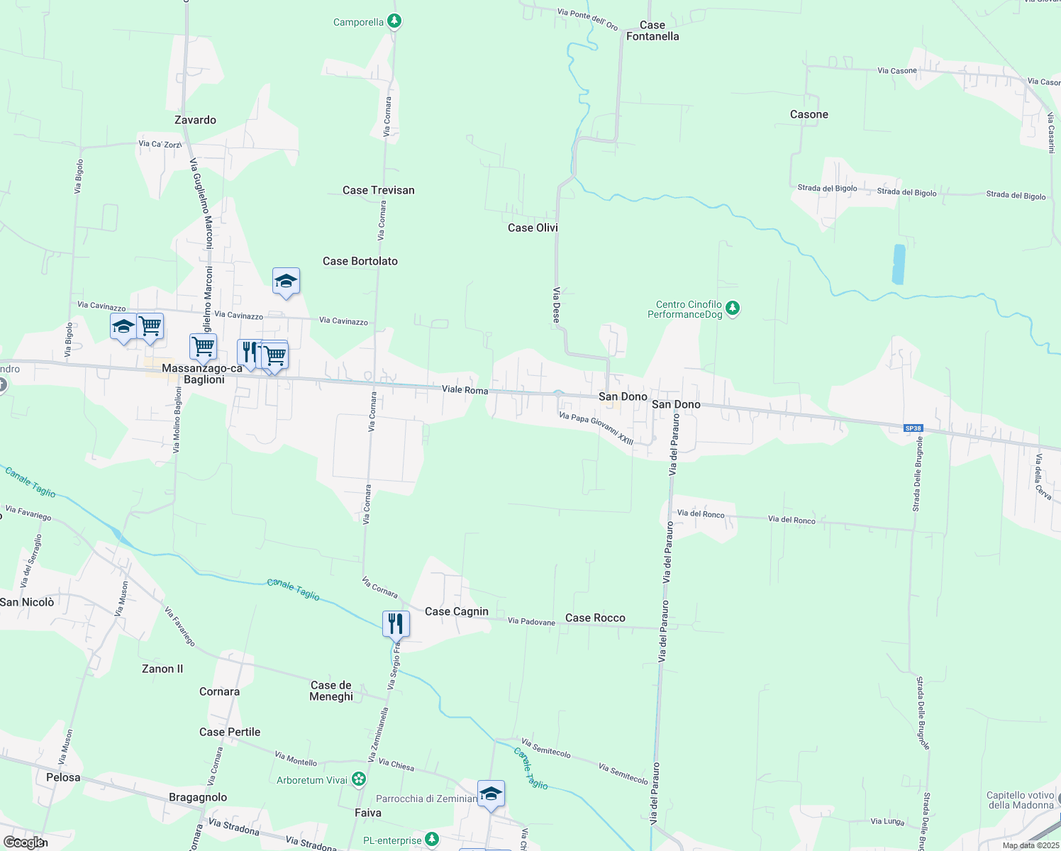 map of restaurants, bars, coffee shops, grocery stores, and more near 42 Via Roma in Massanzago-ca' Baglioni