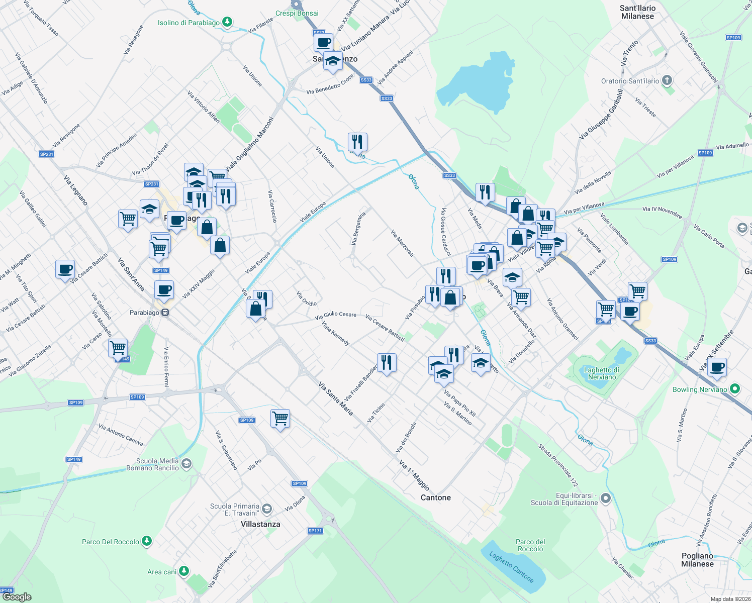 map of restaurants, bars, coffee shops, grocery stores, and more near 13 Via Fratelli di Dio in Nerviano
