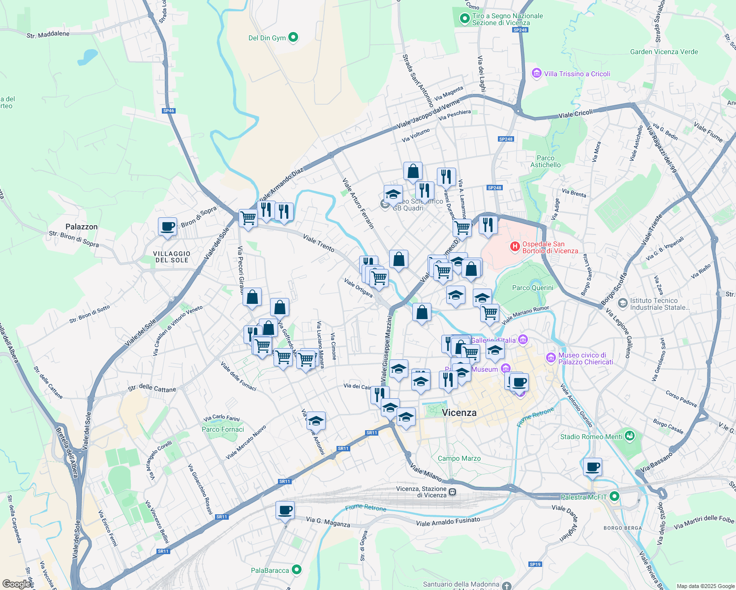 map of restaurants, bars, coffee shops, grocery stores, and more near 10 Viale Ortigara in Vicenza