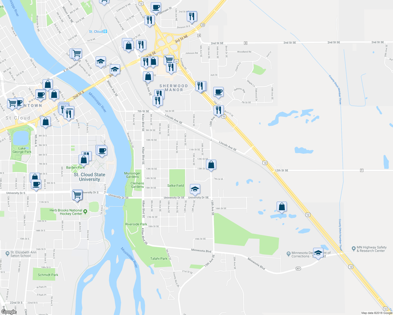 map of restaurants, bars, coffee shops, grocery stores, and more near 1305 12th Street Southeast in St. Cloud
