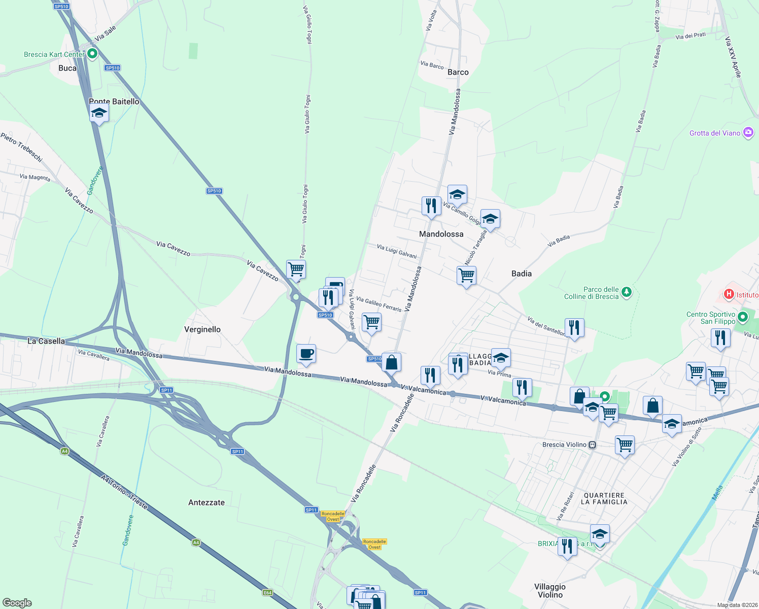 map of restaurants, bars, coffee shops, grocery stores, and more near 14 Via Luigi Galvani in Mandolossa