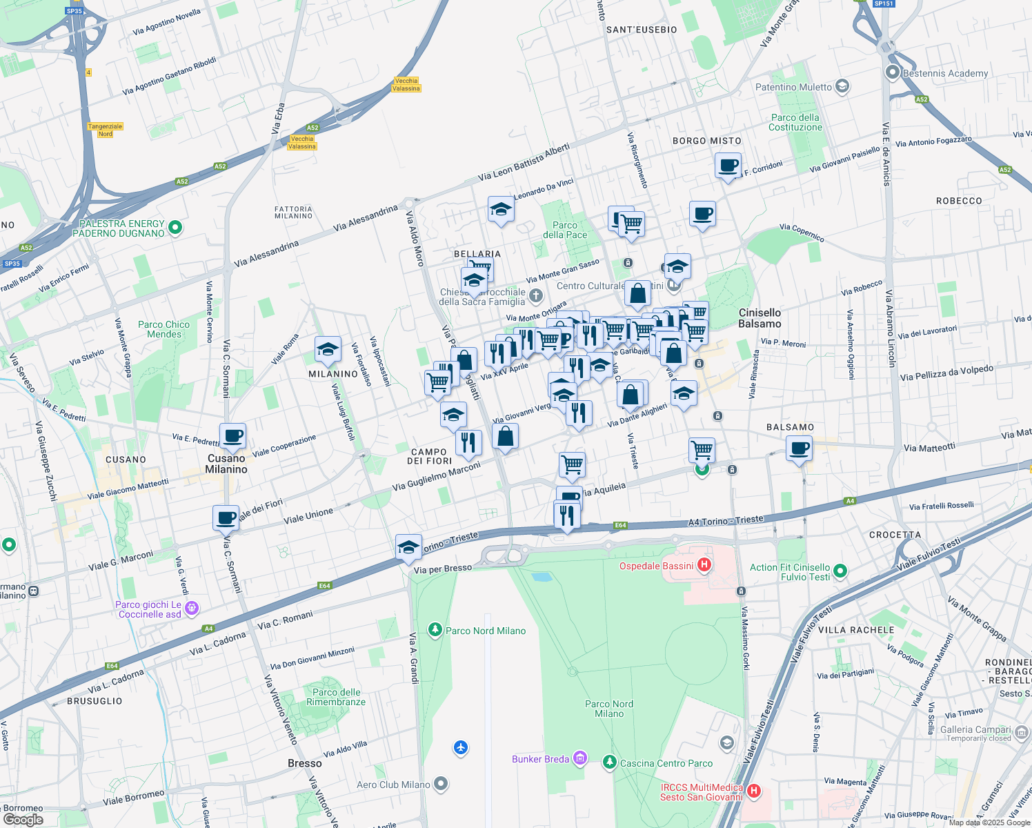 map of restaurants, bars, coffee shops, grocery stores, and more near 80 Via Giovanni Verga in Cinisello Balsamo