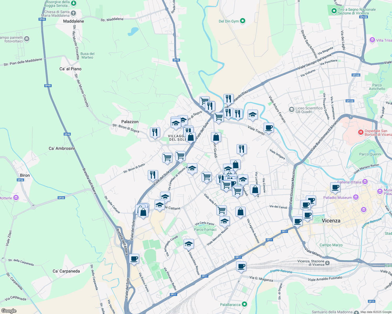 map of restaurants, bars, coffee shops, grocery stores, and more near 62 Via Battaglione Stelvio in Vicenza