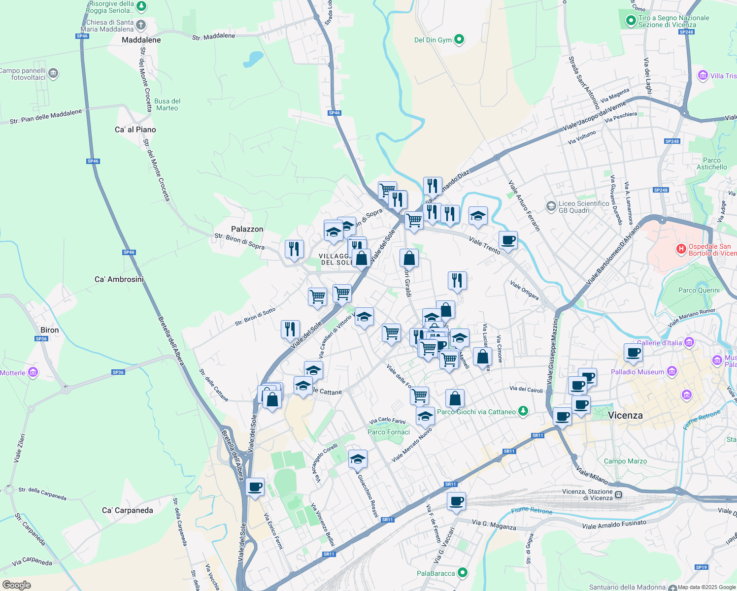 map of restaurants, bars, coffee shops, grocery stores, and more near 62 Via Battaglione Stelvio in Vicenza