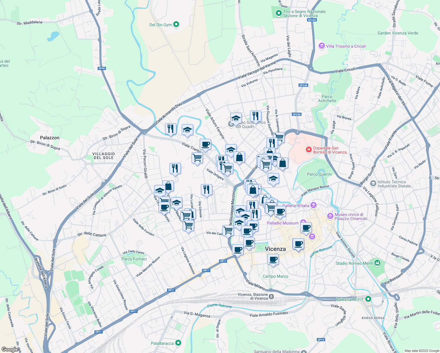 map of restaurants, bars, coffee shops, grocery stores, and more near 10 Viale Ortigara in Vicenza