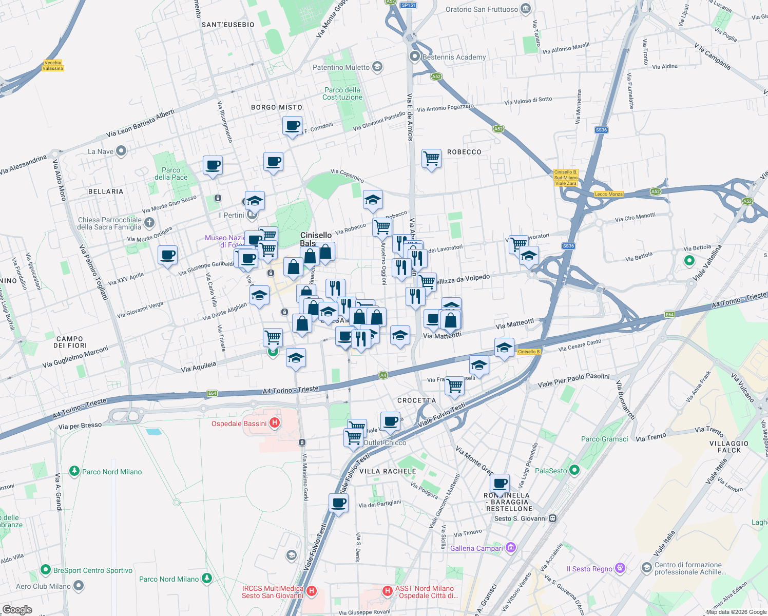 map of restaurants, bars, coffee shops, grocery stores, and more near 7 Via Tommaso Campanella in Cinisello Balsamo