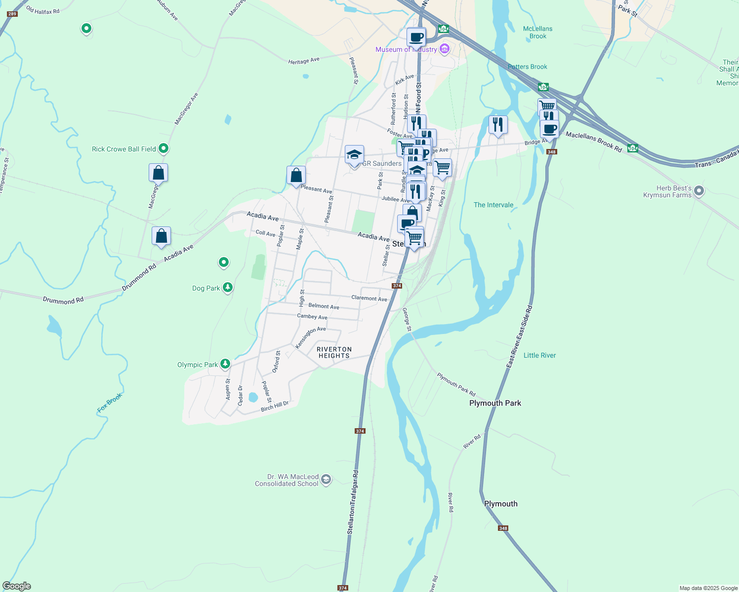 map of restaurants, bars, coffee shops, grocery stores, and more near 24 Claremont Avenue in Stellarton