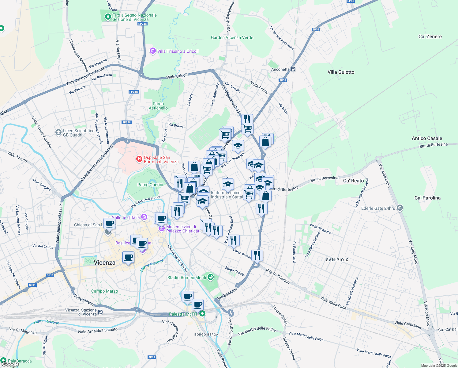 map of restaurants, bars, coffee shops, grocery stores, and more near Via Zara in Vicenza
