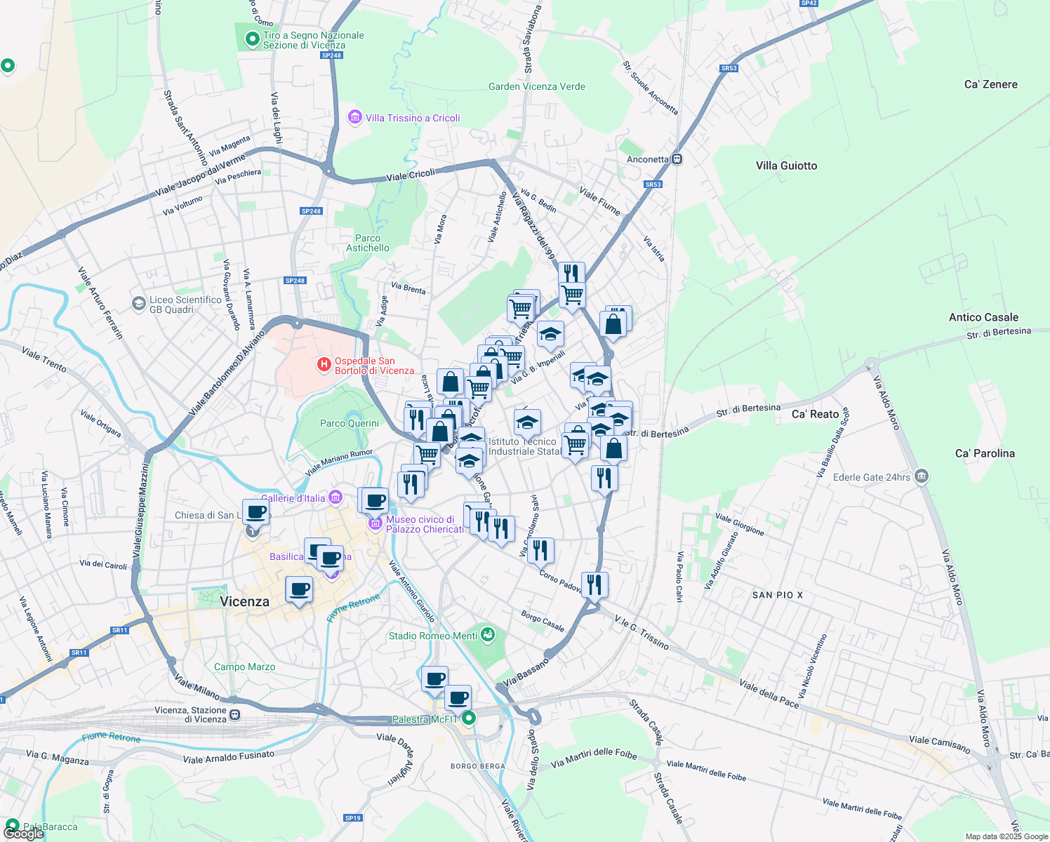 map of restaurants, bars, coffee shops, grocery stores, and more near Via Zara in Vicenza