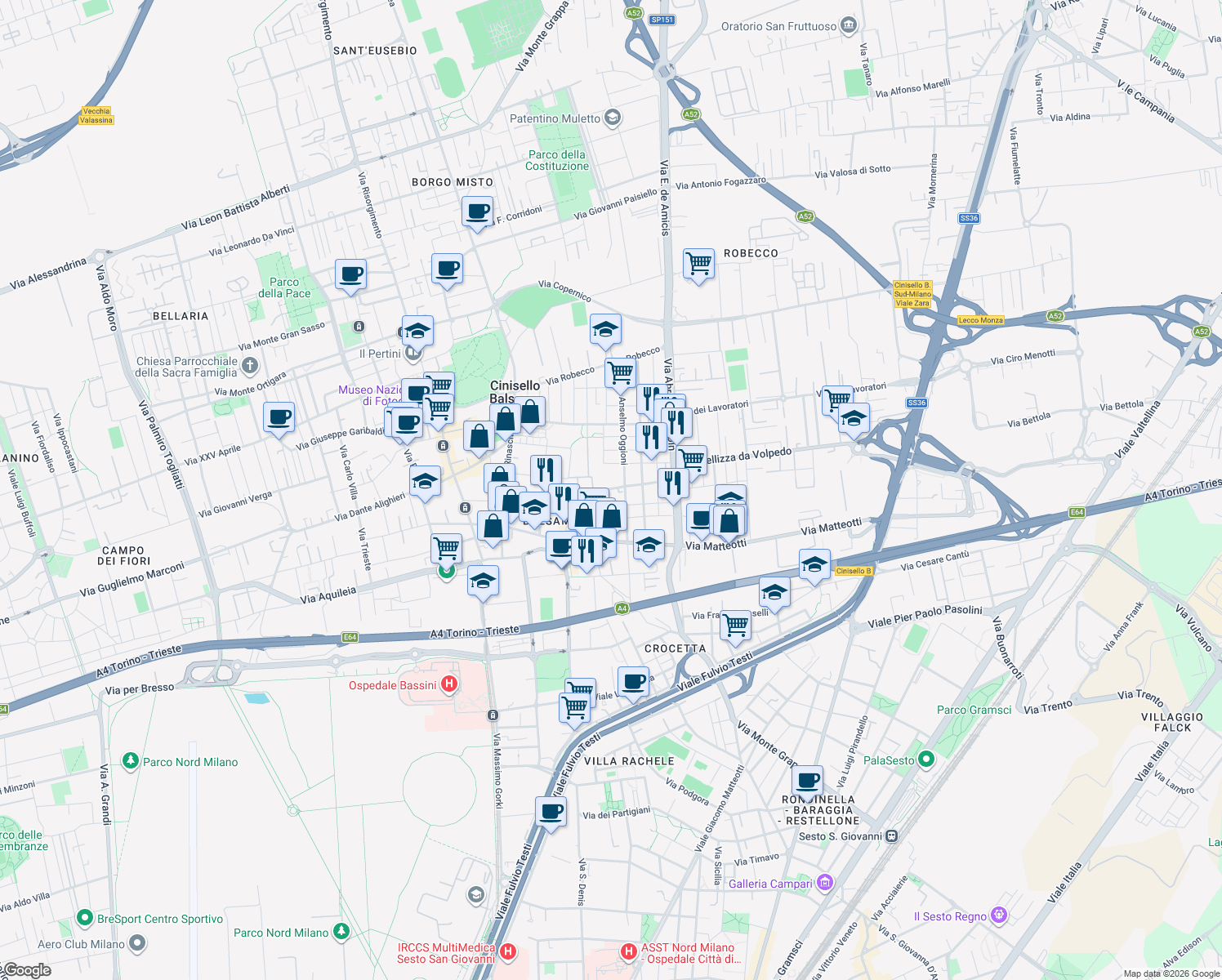 map of restaurants, bars, coffee shops, grocery stores, and more near 7 Via Tommaso Campanella in Cinisello Balsamo