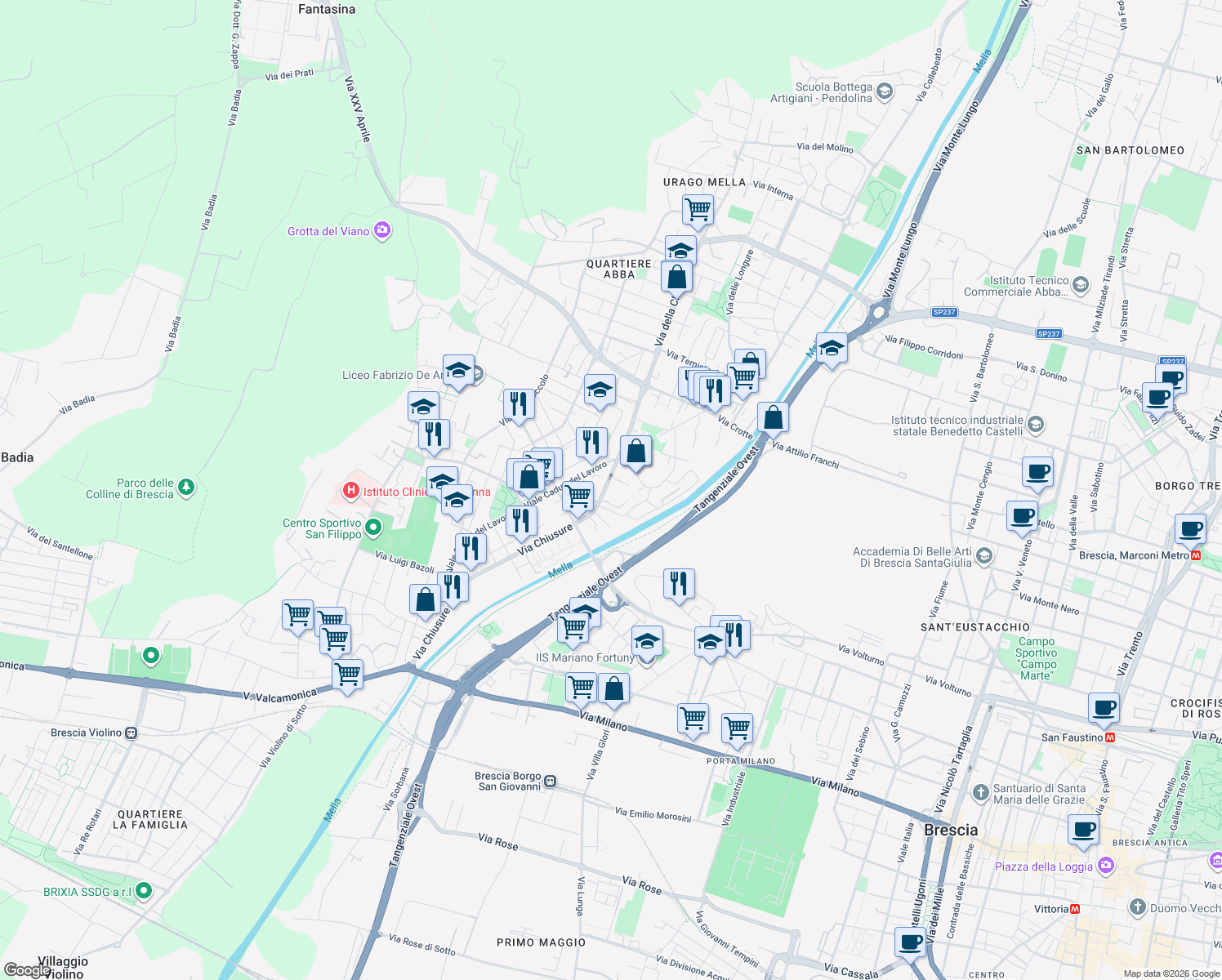 map of restaurants, bars, coffee shops, grocery stores, and more near 8 Via Beniamino Simoni in Brescia