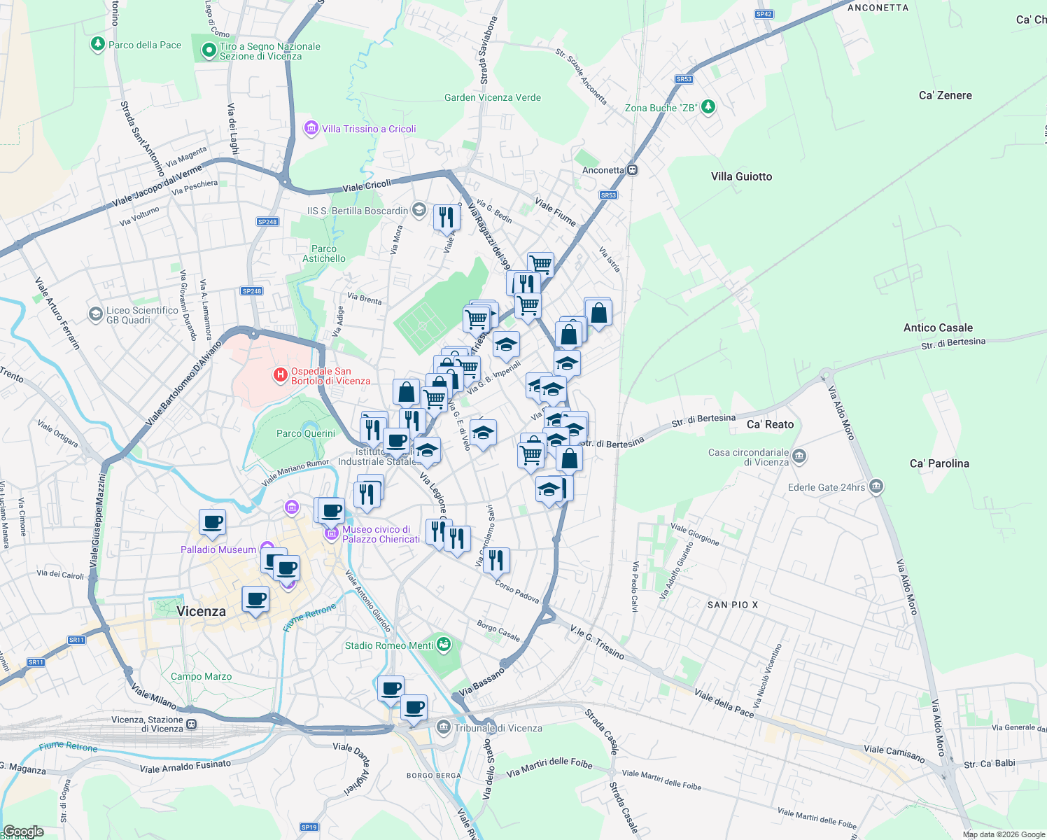 map of restaurants, bars, coffee shops, grocery stores, and more near 57 Via Carlo Borella in Vicenza