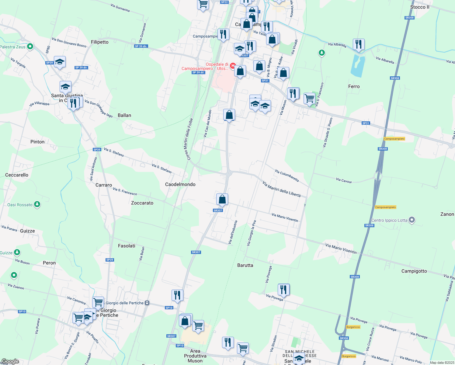 map of restaurants, bars, coffee shops, grocery stores, and more near 106 Borgo Padova in Camposampiero