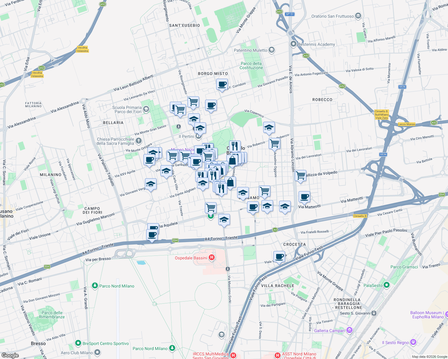 map of restaurants, bars, coffee shops, grocery stores, and more near 26 Via Giosuè Carducci in Cinisello Balsamo