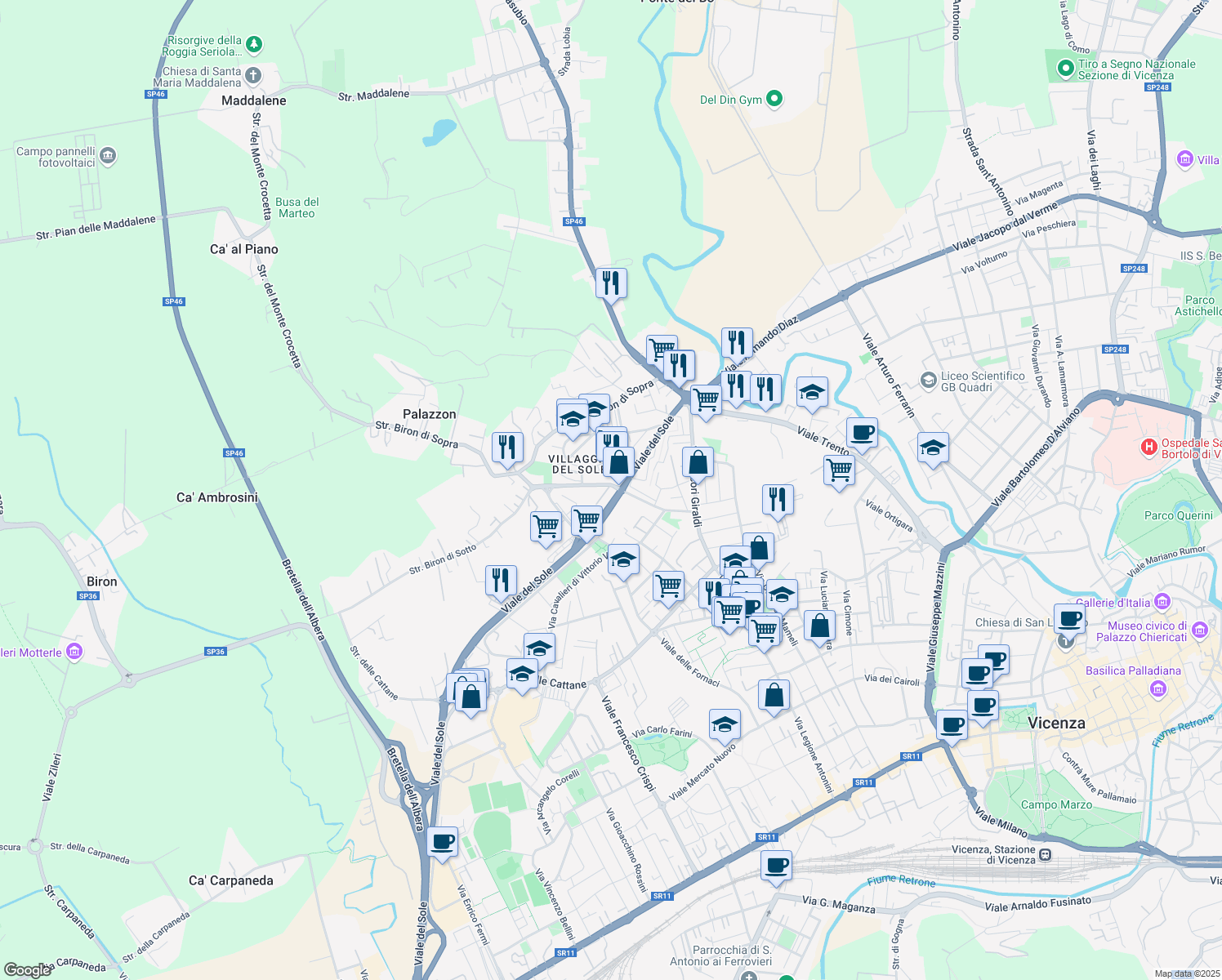 map of restaurants, bars, coffee shops, grocery stores, and more near 33 Via Brigata Granatieri di Sardegna in Vicenza