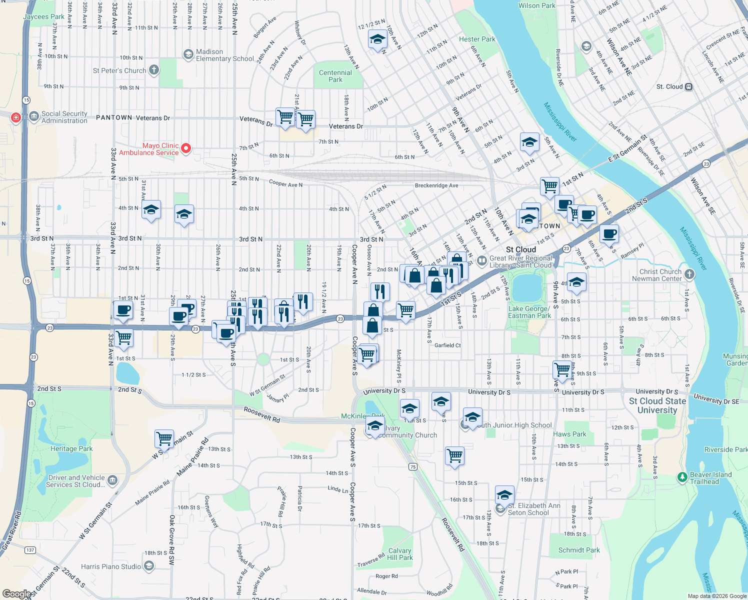map of restaurants, bars, coffee shops, grocery stores, and more near 1819 1st Street North in Saint Cloud