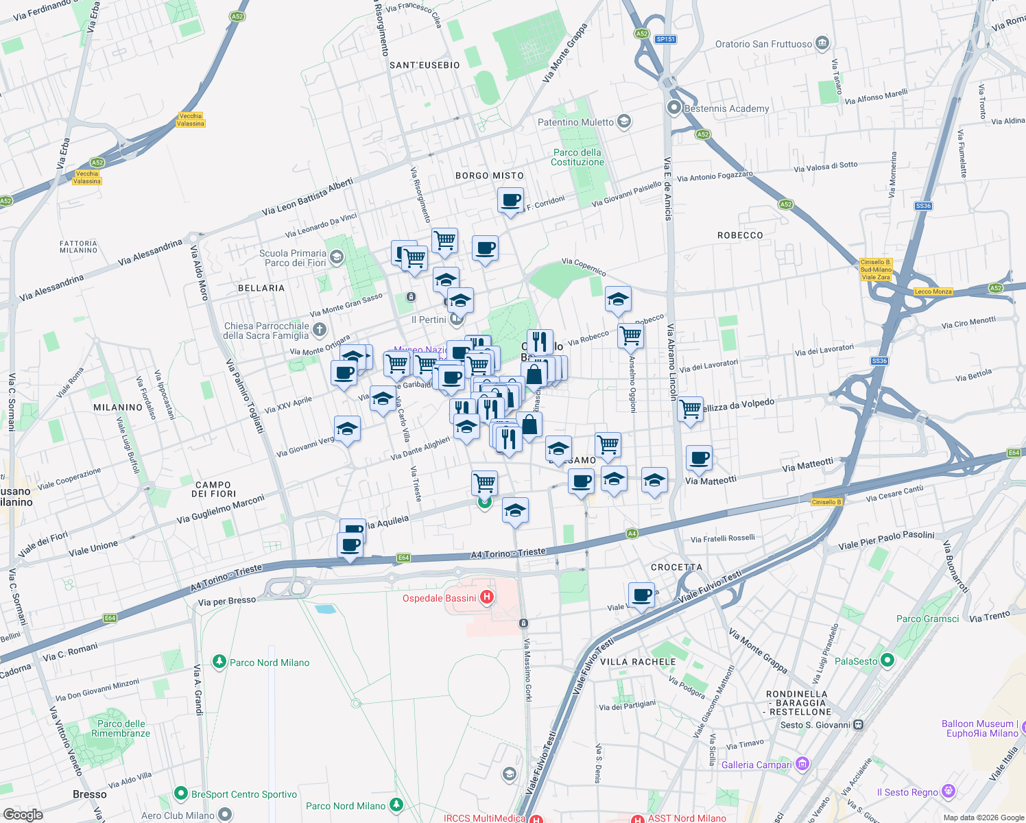map of restaurants, bars, coffee shops, grocery stores, and more near 26 Via Giosuè Carducci in Cinisello Balsamo