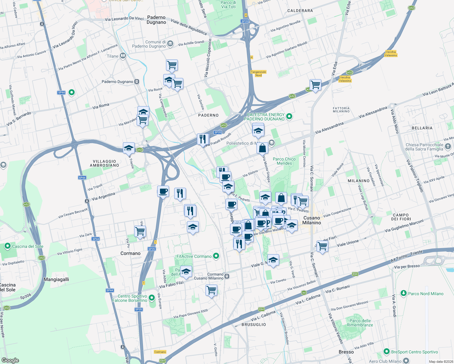map of restaurants, bars, coffee shops, grocery stores, and more near 15 Via della Libertà in Cusano Milanino