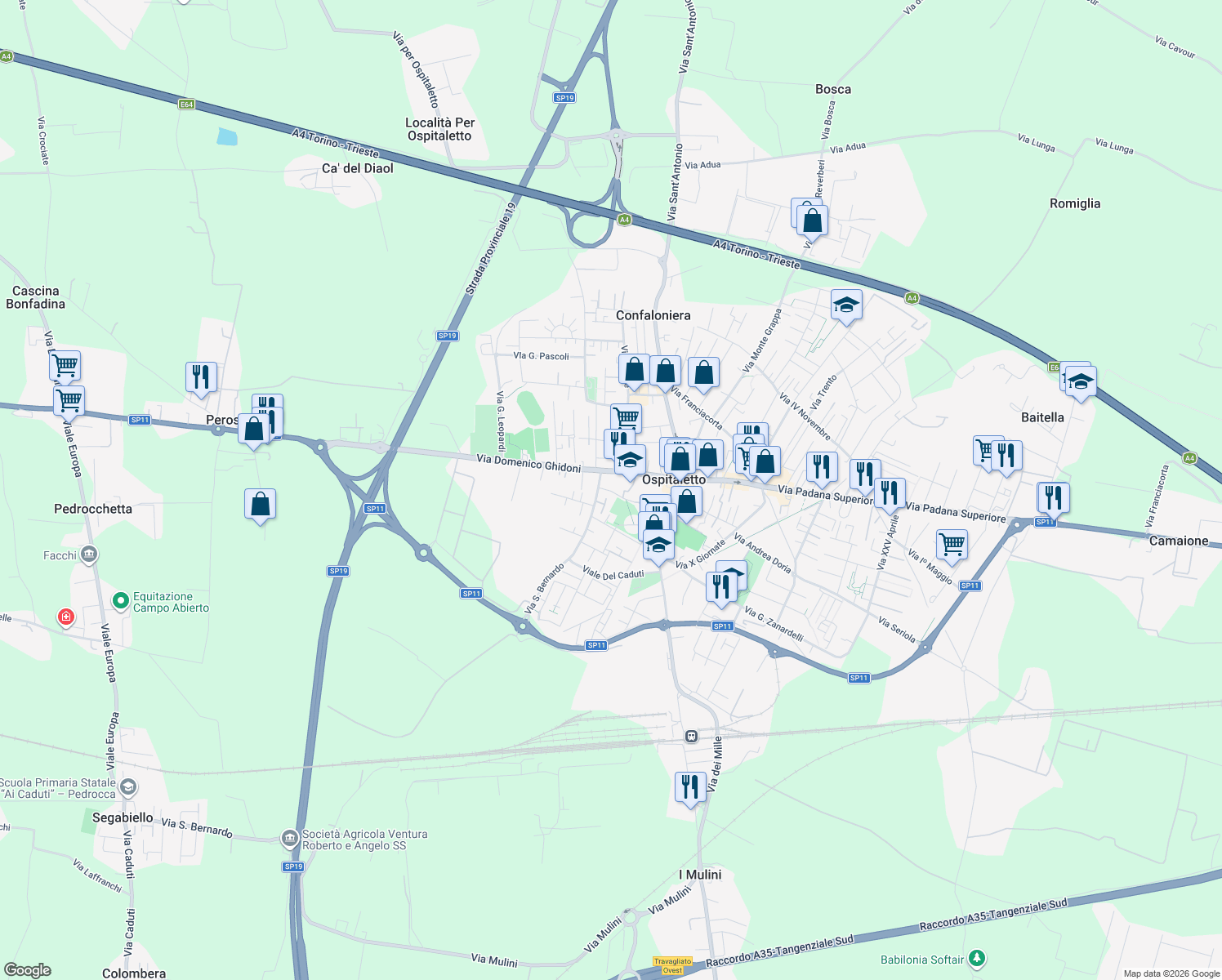 map of restaurants, bars, coffee shops, grocery stores, and more near 19 Via San Bernardo in Ospitaletto