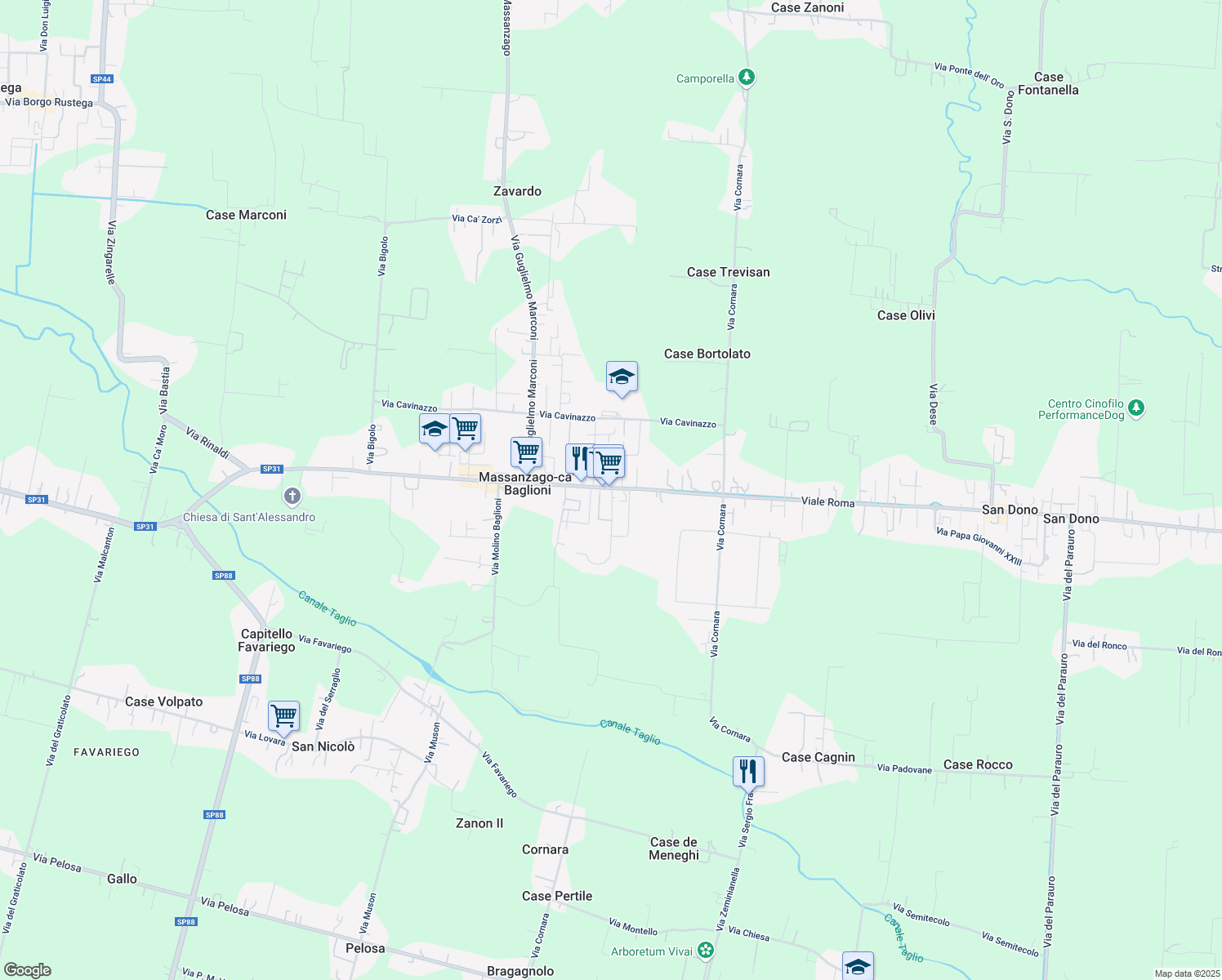 map of restaurants, bars, coffee shops, grocery stores, and more near 212 Via Giuseppe Toniolo in Massanzago-ca' Baglioni
