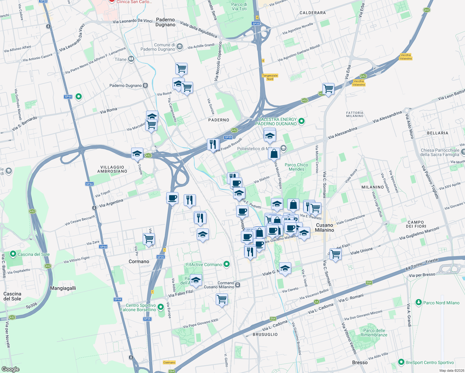 map of restaurants, bars, coffee shops, grocery stores, and more near 15 Via della Libertà in Cusano Milanino