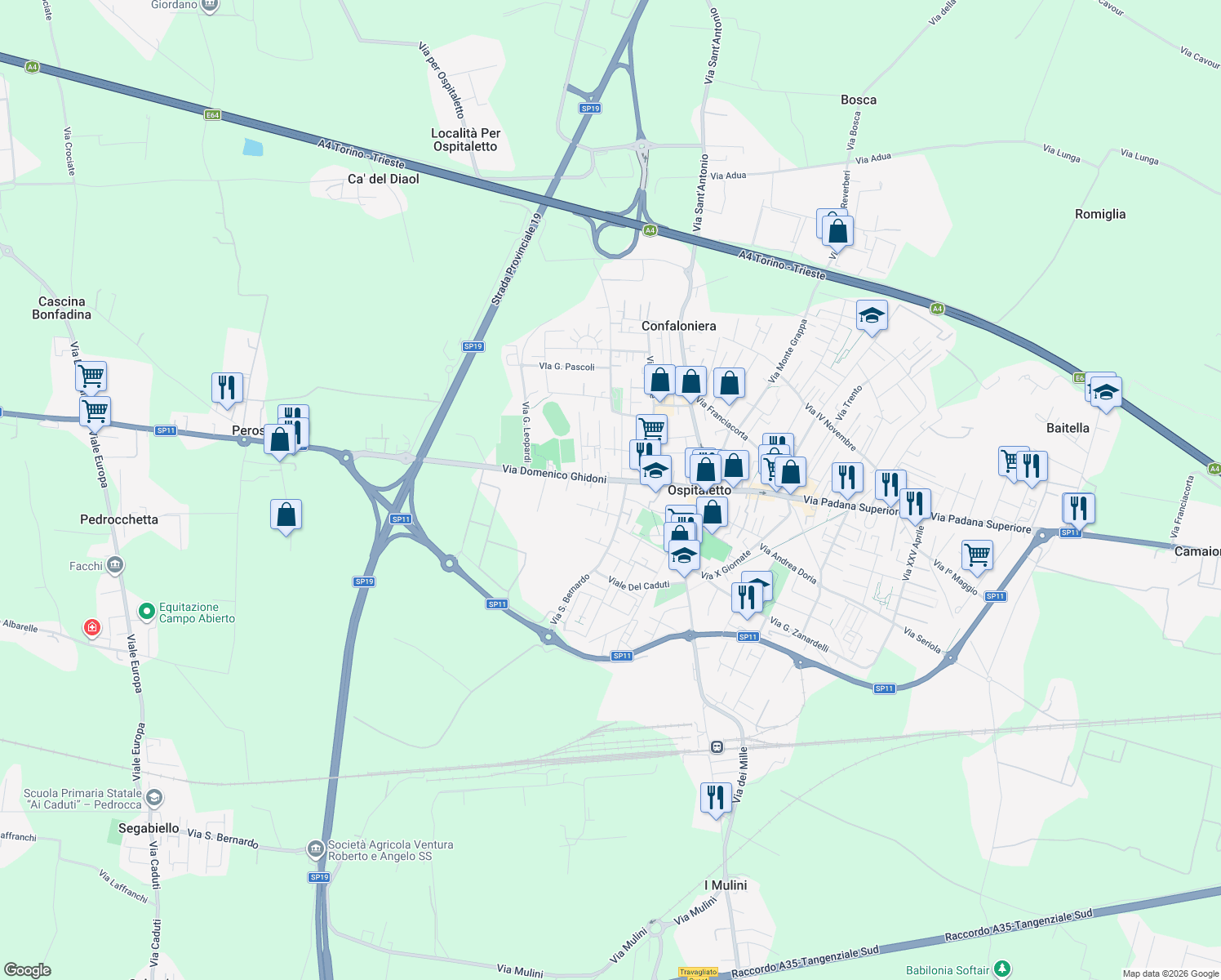 map of restaurants, bars, coffee shops, grocery stores, and more near 19 Via San Bernardo in Ospitaletto