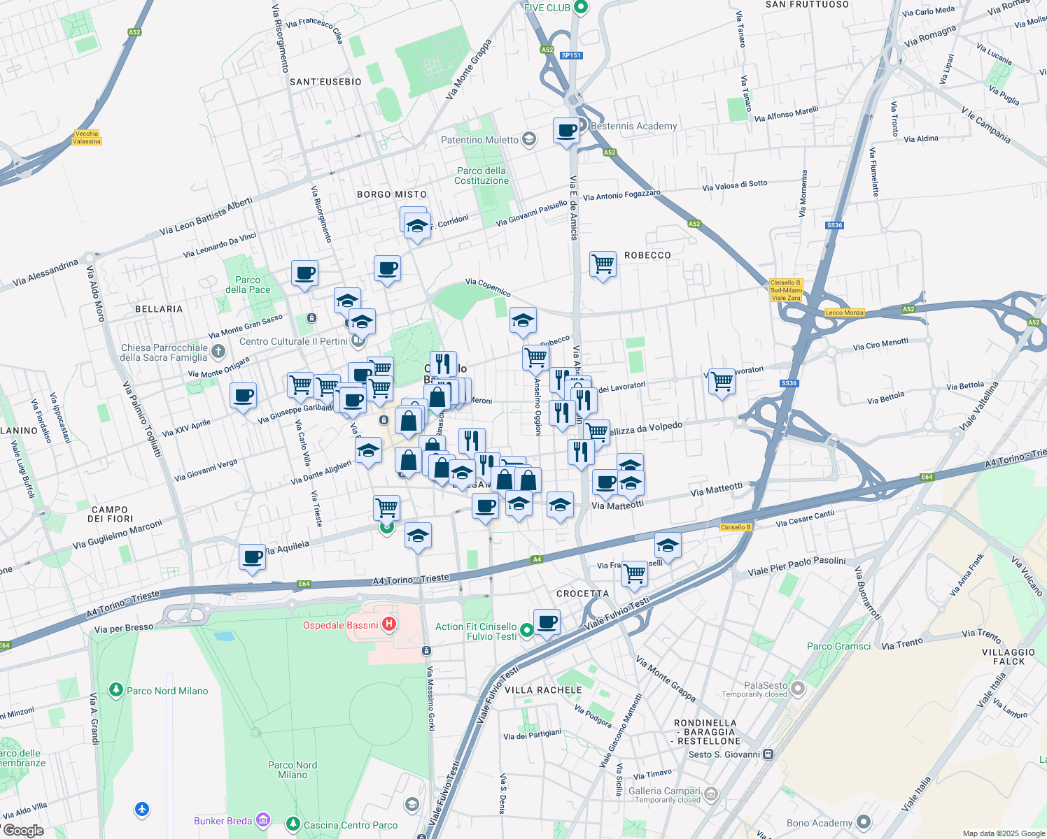 map of restaurants, bars, coffee shops, grocery stores, and more near 9 Via Grazia Deledda in Cinisello Balsamo