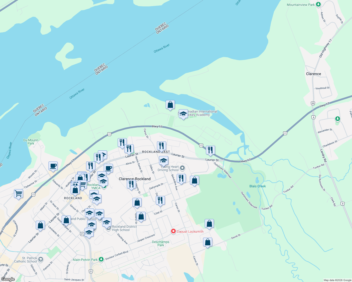 map of restaurants, bars, coffee shops, grocery stores, and more near 449 Yves Street in Clarence-Rockland