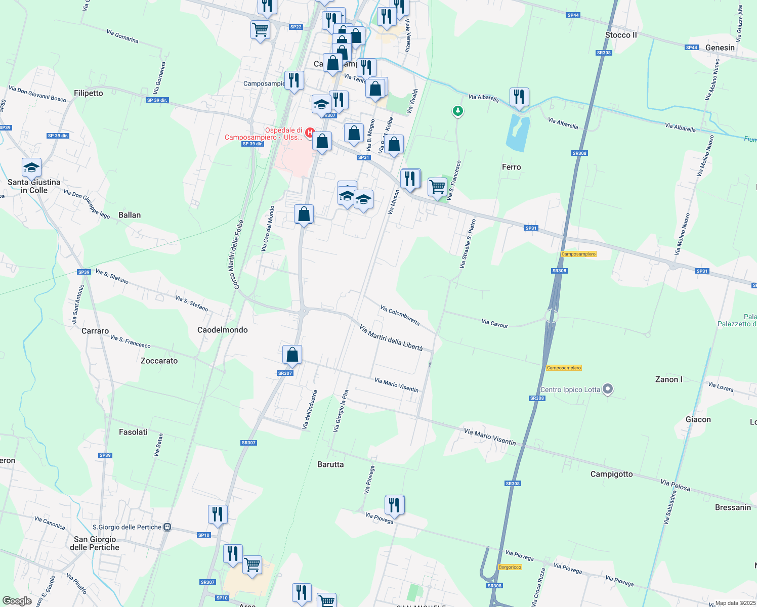 map of restaurants, bars, coffee shops, grocery stores, and more near 7 Via Colombaretta in Camposampiero