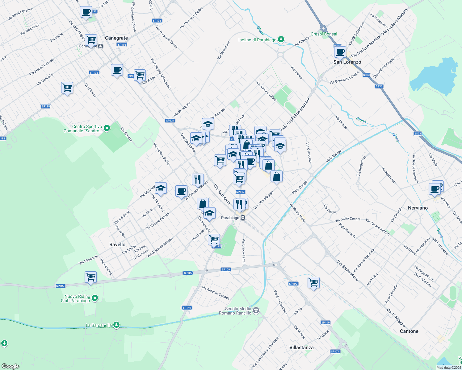 map of restaurants, bars, coffee shops, grocery stores, and more near 18 Via Paolo Castelnovo in Parabiago