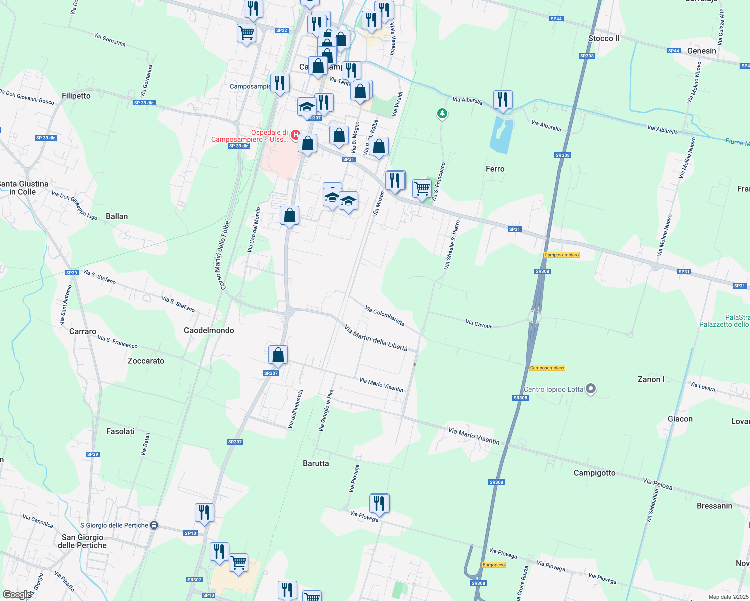 map of restaurants, bars, coffee shops, grocery stores, and more near 7 Via Colombaretta in Camposampiero