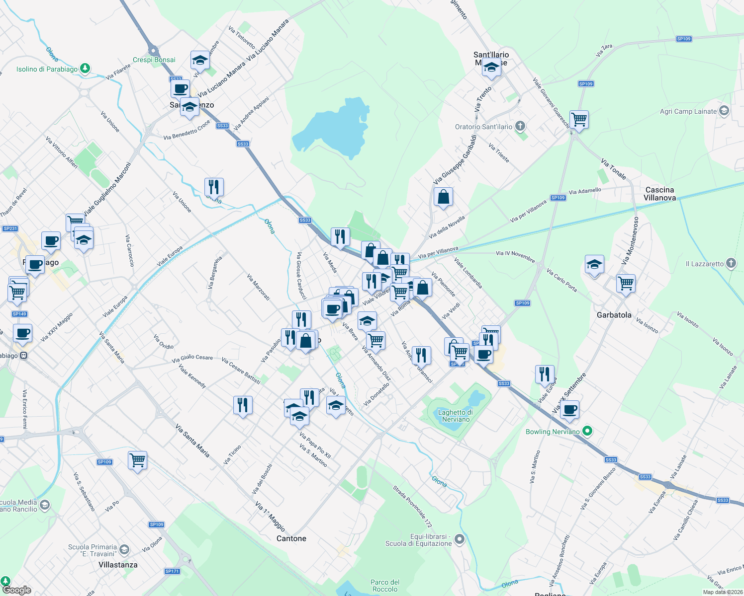 map of restaurants, bars, coffee shops, grocery stores, and more near 31 Via Agostino Terzaghi in Nerviano