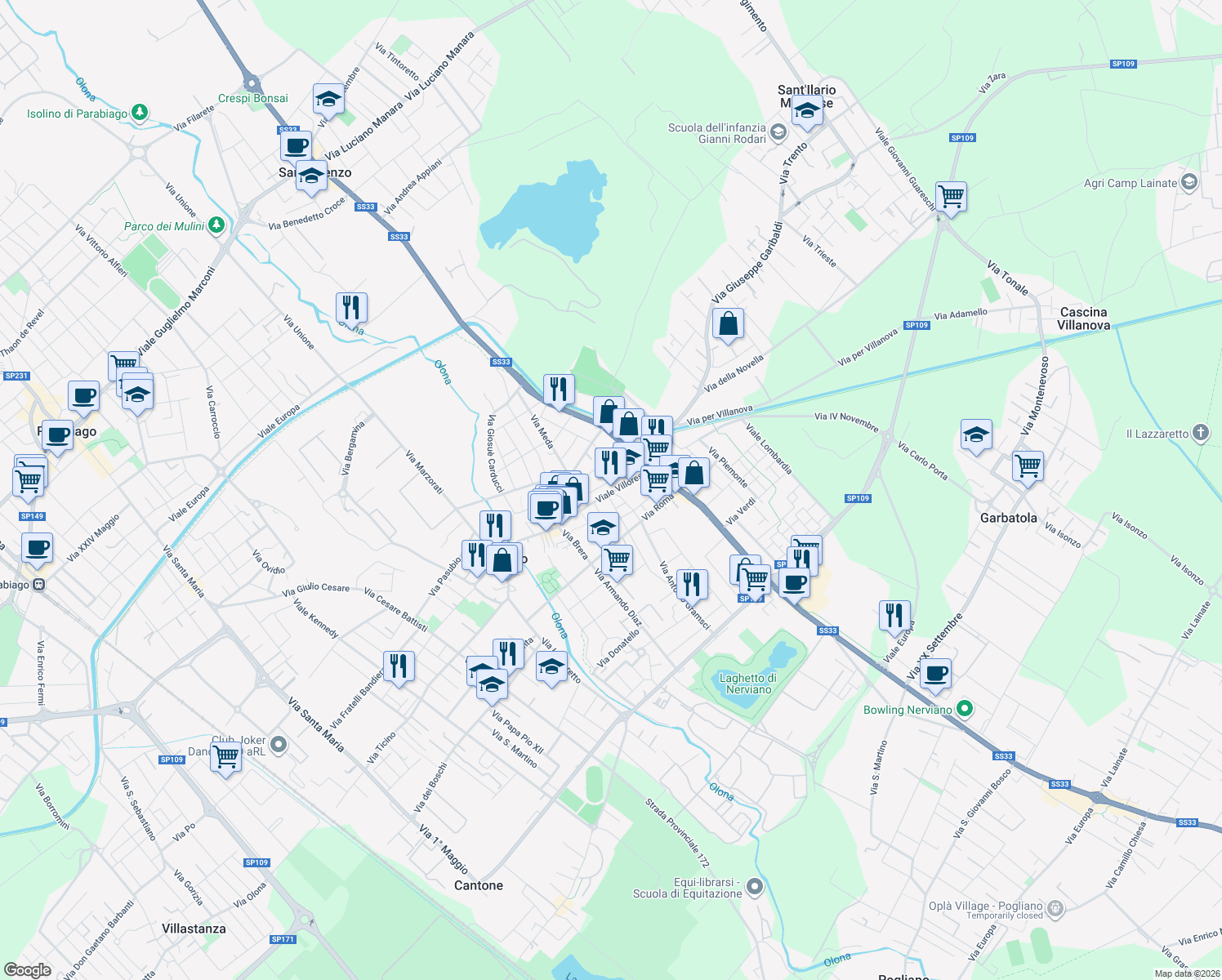 map of restaurants, bars, coffee shops, grocery stores, and more near 31 Via Agostino Terzaghi in Nerviano