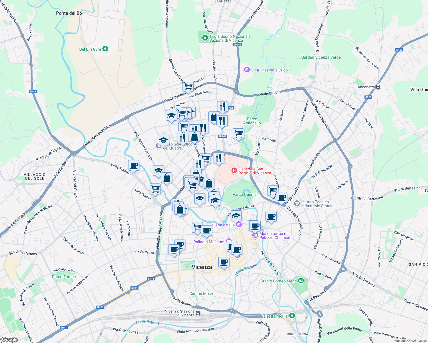 map of restaurants, bars, coffee shops, grocery stores, and more near 35 Via Gianbattista Pagliarino in Vicenza