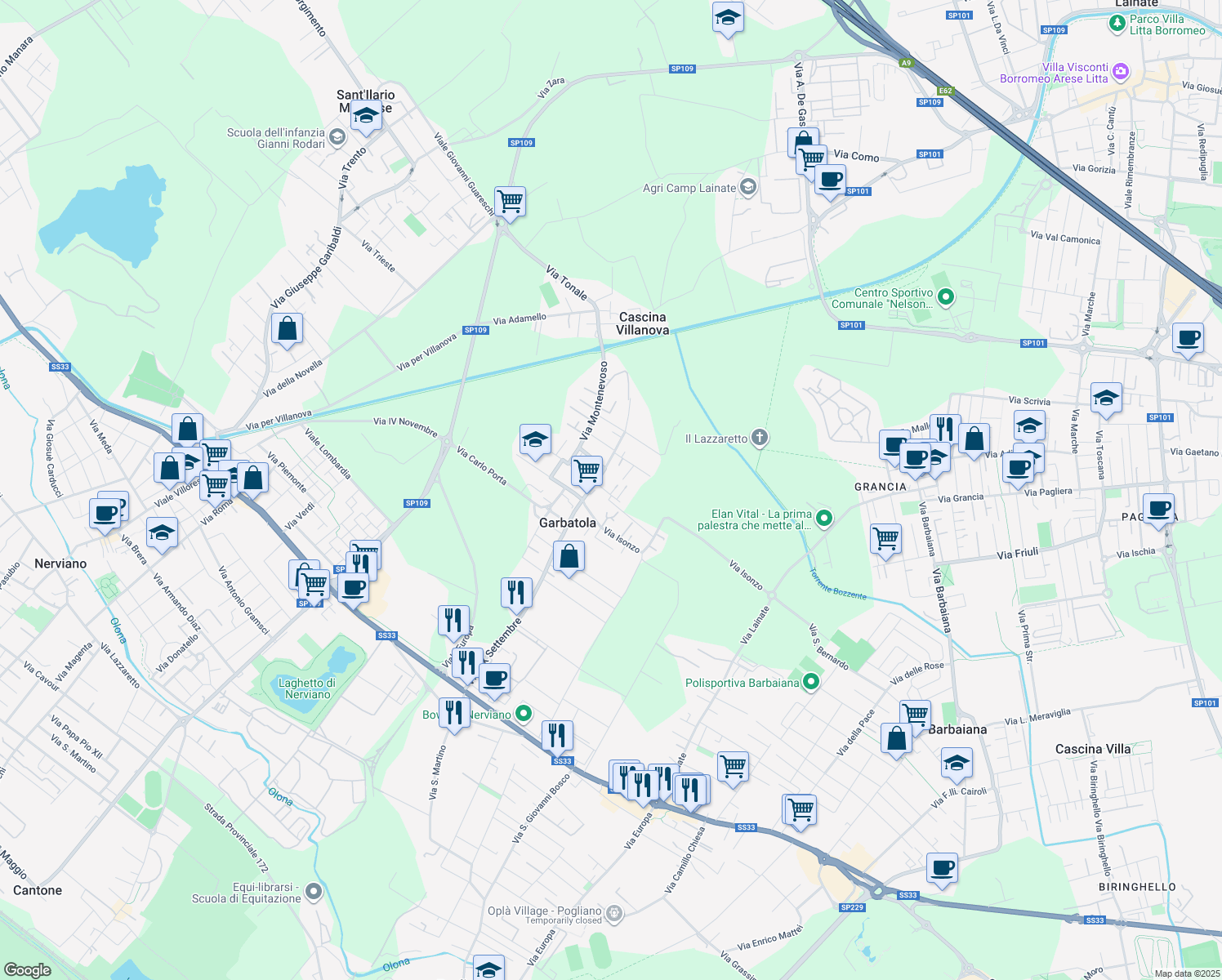 map of restaurants, bars, coffee shops, grocery stores, and more near 4 Via Asiago in Nerviano