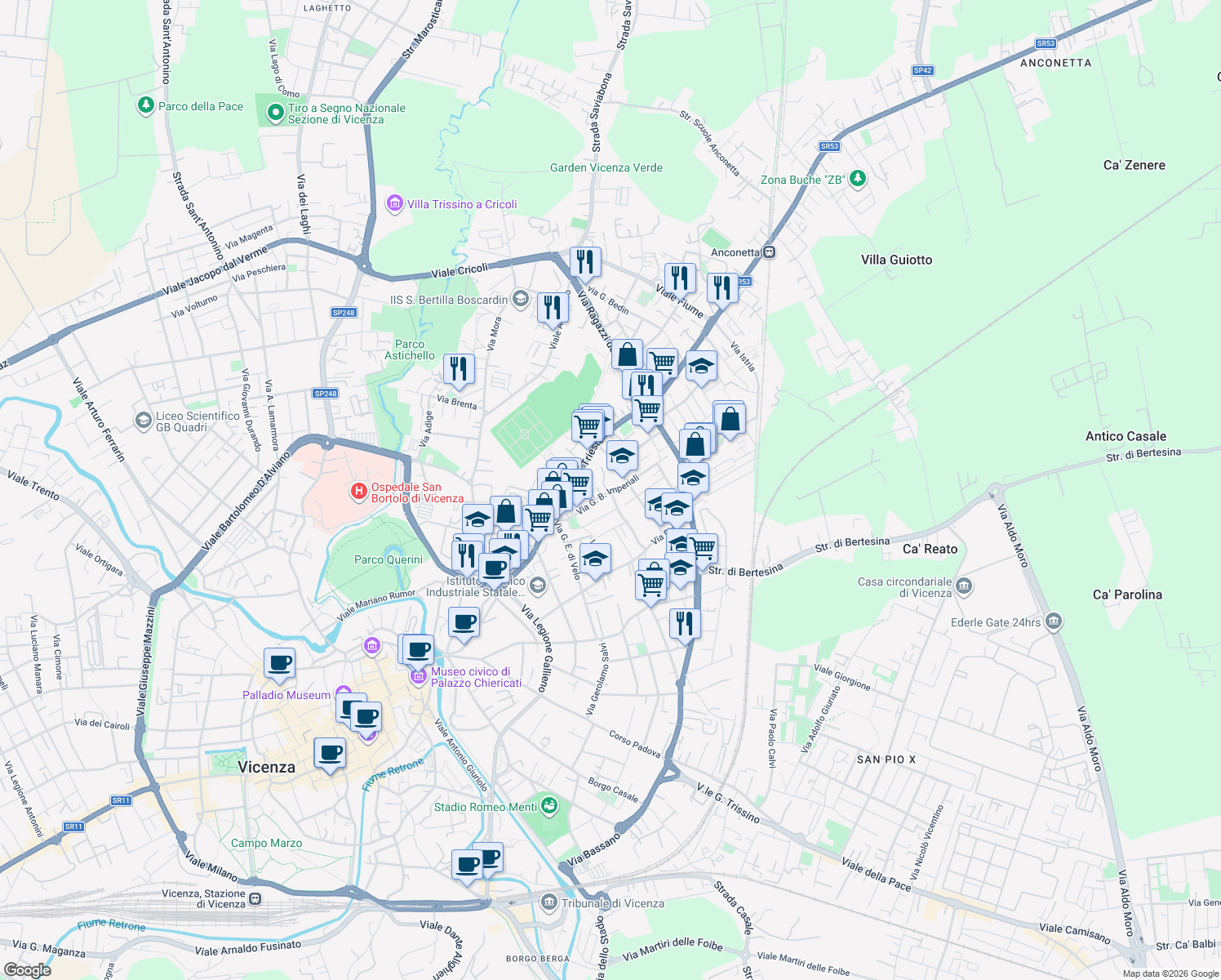 map of restaurants, bars, coffee shops, grocery stores, and more near 57 Via Carlo Borella in Vicenza