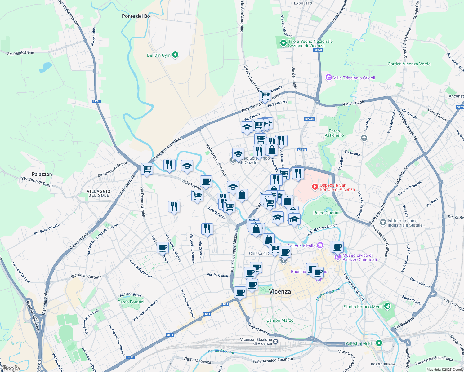map of restaurants, bars, coffee shops, grocery stores, and more near 4 Viale Arturo Ferrarin in Vicenza