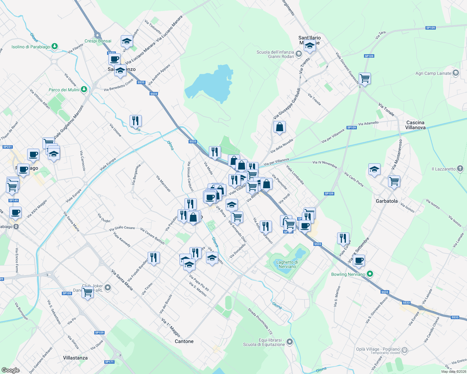 map of restaurants, bars, coffee shops, grocery stores, and more near 31 Via Agostino Terzaghi in Nerviano