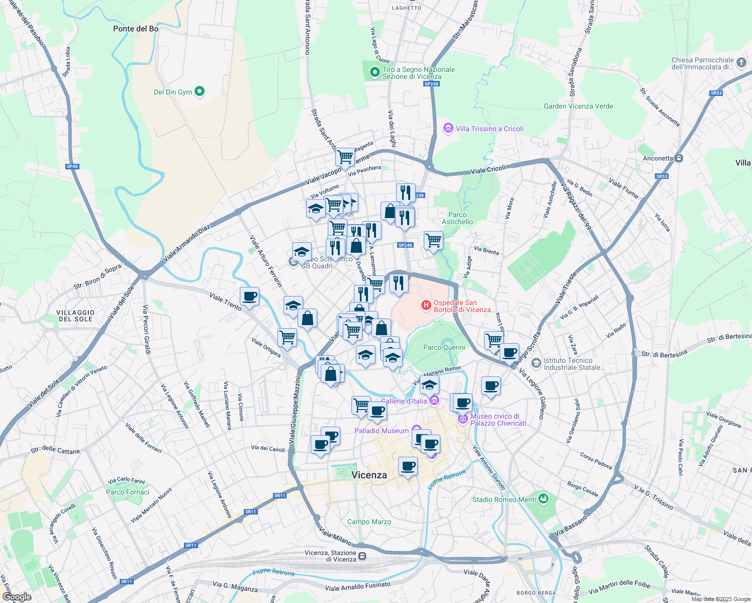 map of restaurants, bars, coffee shops, grocery stores, and more near 35 Via Giambattista Vico in Vicenza