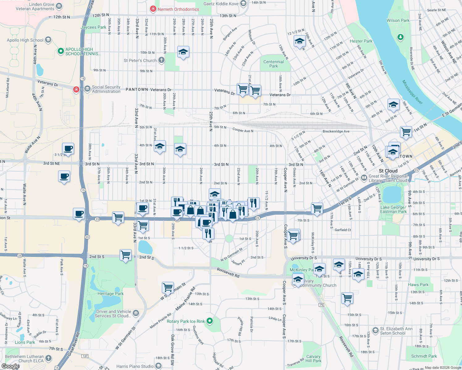 map of restaurants, bars, coffee shops, grocery stores, and more near 152 23rd Avenue North in St. Cloud