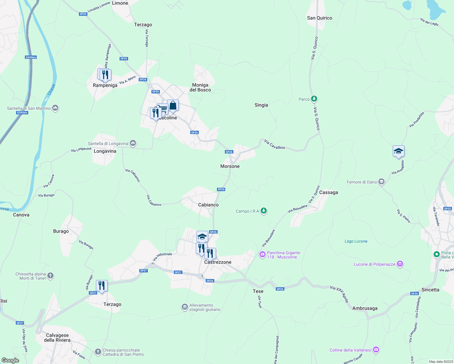 map of restaurants, bars, coffee shops, grocery stores, and more near Strada Provinciale 26 in Brescia