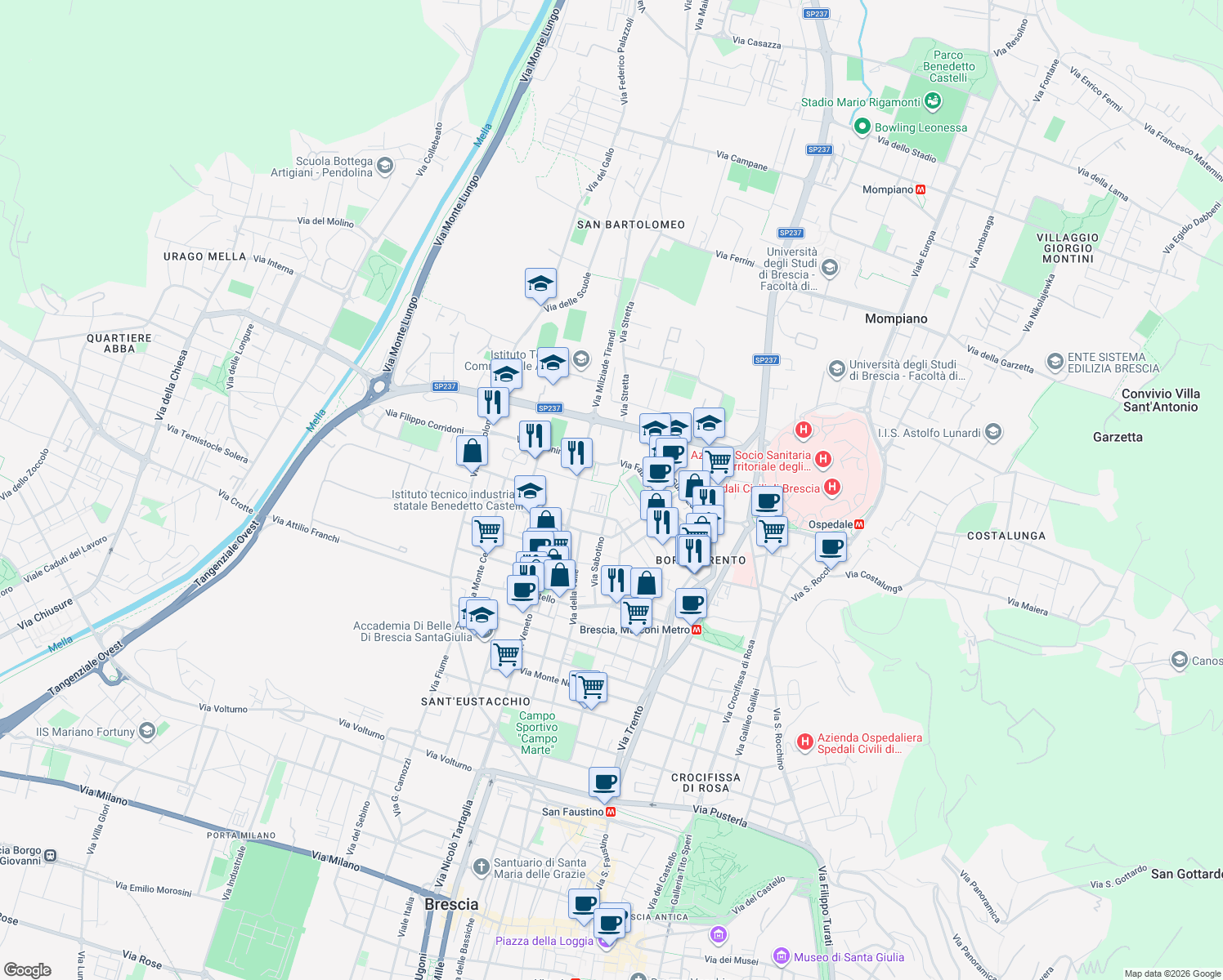 map of restaurants, bars, coffee shops, grocery stores, and more near 14 Via Monte Baldo in Brescia
