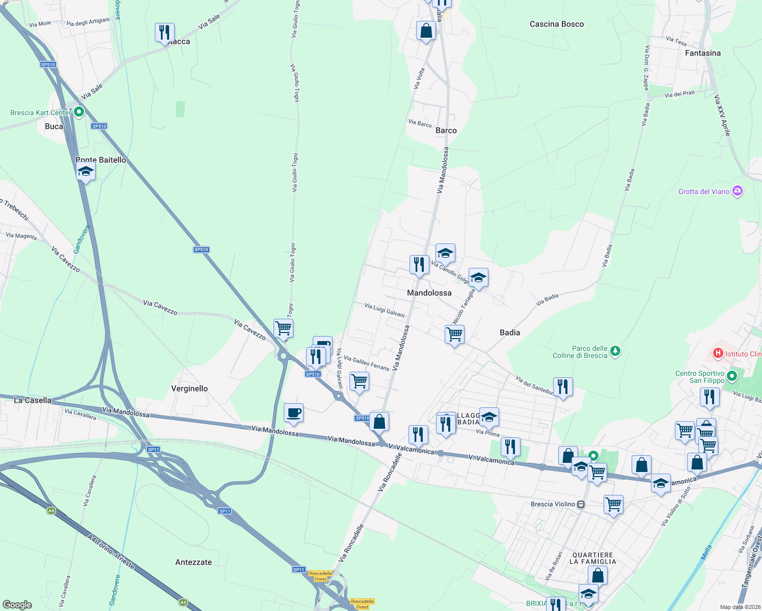 map of restaurants, bars, coffee shops, grocery stores, and more near 14 Via Luigi Galvani in Mandolossa