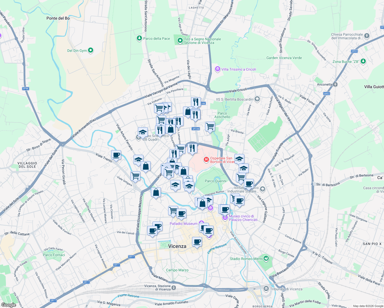 map of restaurants, bars, coffee shops, grocery stores, and more near 77 Contrà San Bortolo in Vicenza