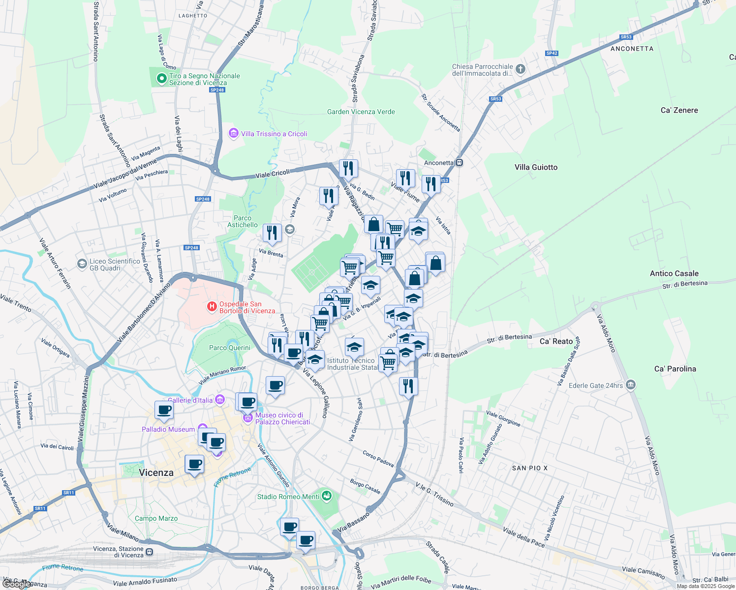 map of restaurants, bars, coffee shops, grocery stores, and more near 21 Via Alessandro Massaria in Vicenza