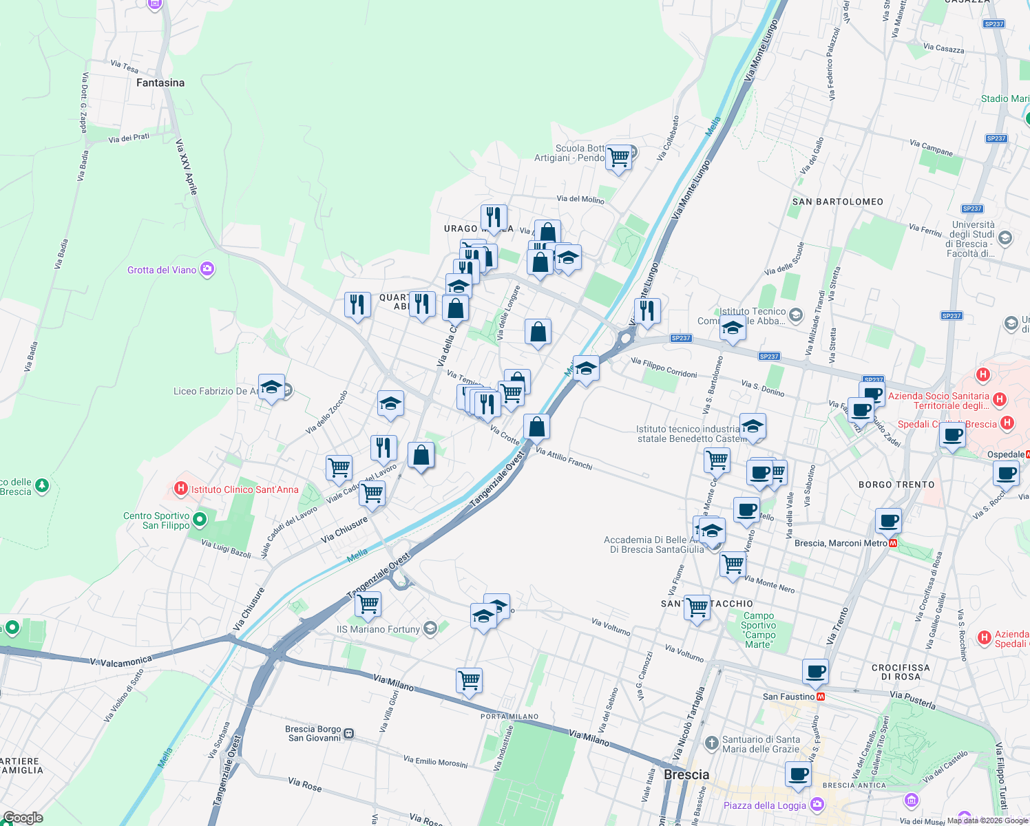 map of restaurants, bars, coffee shops, grocery stores, and more near 24 Via Don Giacomo Vender in Brescia