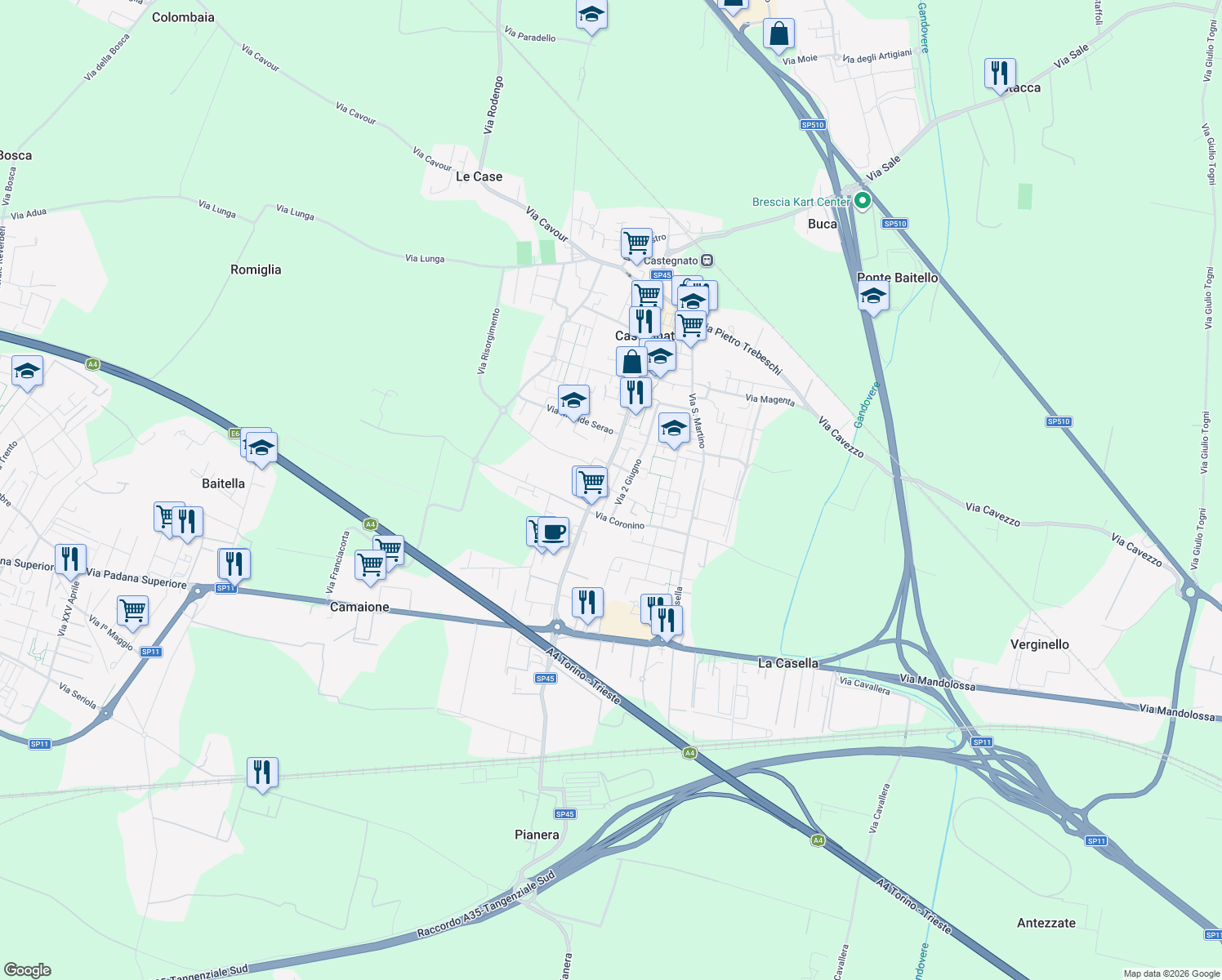 map of restaurants, bars, coffee shops, grocery stores, and more near 59 Via Francesco Franchi in Castegnato